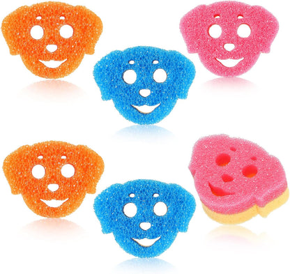 FillTouch 6 Pcs Dog Dual Sided Scrub Sponge Cleaning Sponges Cute Temperature Sensitive Dish Sponges for Washing Dishes Non Scratch Household Multi Use Sponges Scrubber for Kitchen, 3 Colors