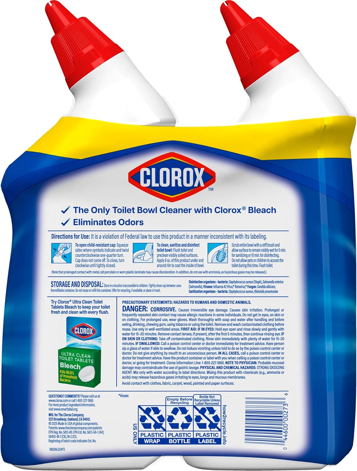 Clorox Toilet Bowl Cleaner Bleach, Rain Clean, 24 Fluid Ounces, Pack of 2 (Package May Vary)
