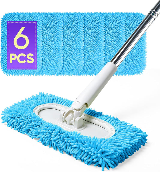 6 Pack Reusable Microfiber Mop Pads Compatible with Sweeper Mops, Replacement Mopping Pads Dry Sweeping Cloths, Washable Chenille Flat Mops Refills for Mopping Floor Cleaning (Mop is not Included)