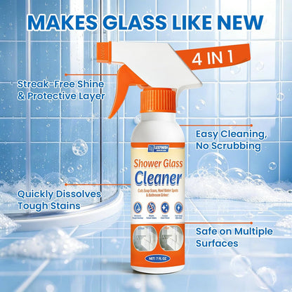 Shower Glass Cleaner – Hard Water Stain Remover Removes Limescale & Soap Scum for Bathroom Glass Doors, Shower Doors, Windows, Mirrors & Tiles – Streak-Free Instant Shine, 200ml/7oz