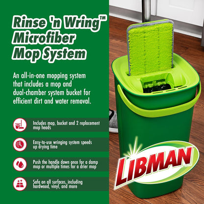 Libman Rinse 'n Wring Mop and Bucket System, Microfiber Dry Wet Mop for Floor Cleaning, Hardwood, Laminate, Tile Cleaner, Dual Chamber Bucket Design, 2 Total Refill Replacement Head Pads