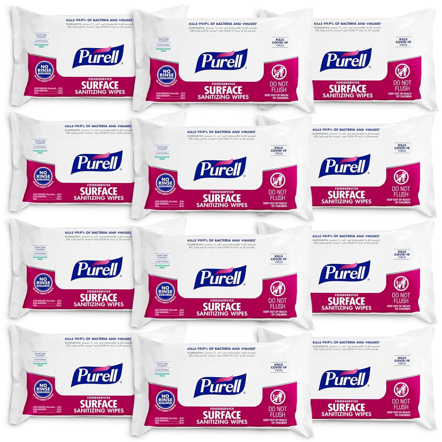 PURELL Foodservice Surface Sanitizing Wipes, 72 Count Flowpack, 7.4" x 9" Wipes (Pack of 12) – 9371-12