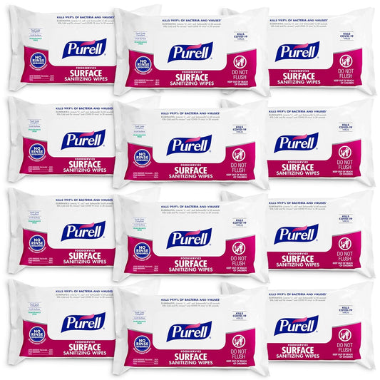 PURELL Foodservice Surface Sanitizing Wipes, 72 Count Flowpack, 7.4" x 9" Wipes (Pack of 12) – 9371-12