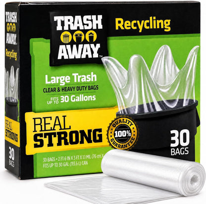 Heavy Duty Clear Recycling Bags | Tall & Strong Bags for Home & Kitchen - (30 Ct, 30 Gallons) Large Trash Bags Paper, Plastic & Aluminum | Thick Recycle Bin Bags (Clear)