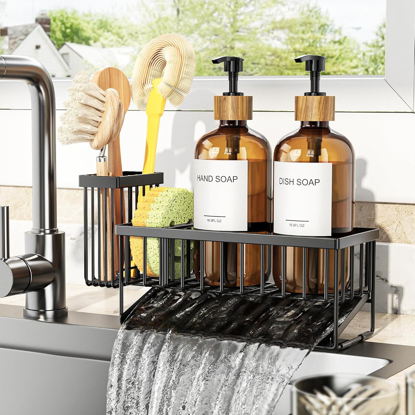 Cisily Kitchen Dish Soap Dispenser Set with 2 Pack 16.9oz Black Glass Bottle and Sponge Holder, Dish Soap Dispensers with Adjustable Sponge Holder, Vintage Hand and Dish Soap Dispensers Set