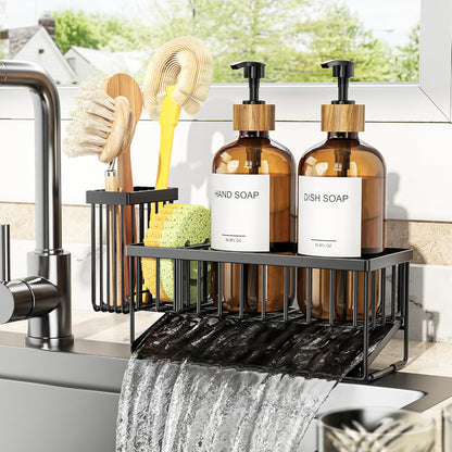Cisily Kitchen Dish Soap Dispenser Set with 2 Pack 16.9oz Black Glass Bottle and Sponge Holder, Dish Soap Dispensers with Adjustable Sponge Holder, Vintage Hand and Dish Soap Dispensers Set