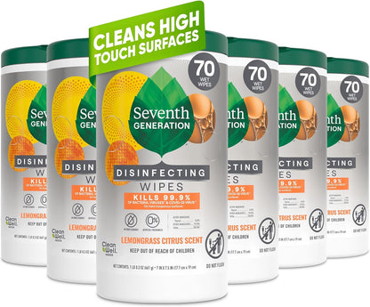 Seventh Generation Disinfecting Multi-Surface Wipes, Lemongrass Citrus, 70 Count, Pack of 3 (Packaging May Vary)