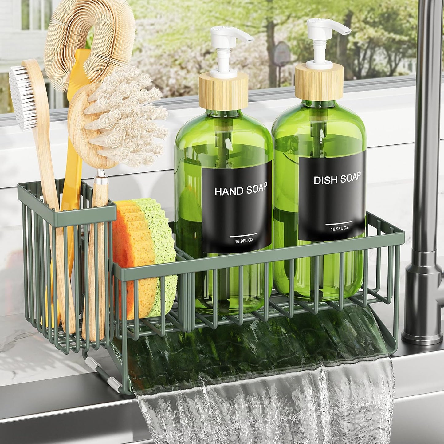Cisily Kitchen Dish Soap Dispenser Set with 2 Pack 16.9oz Black Glass Bottle and Sponge Holder, Dish Soap Dispensers with Adjustable Sponge Holder, Vintage Hand and Dish Soap Dispensers Set