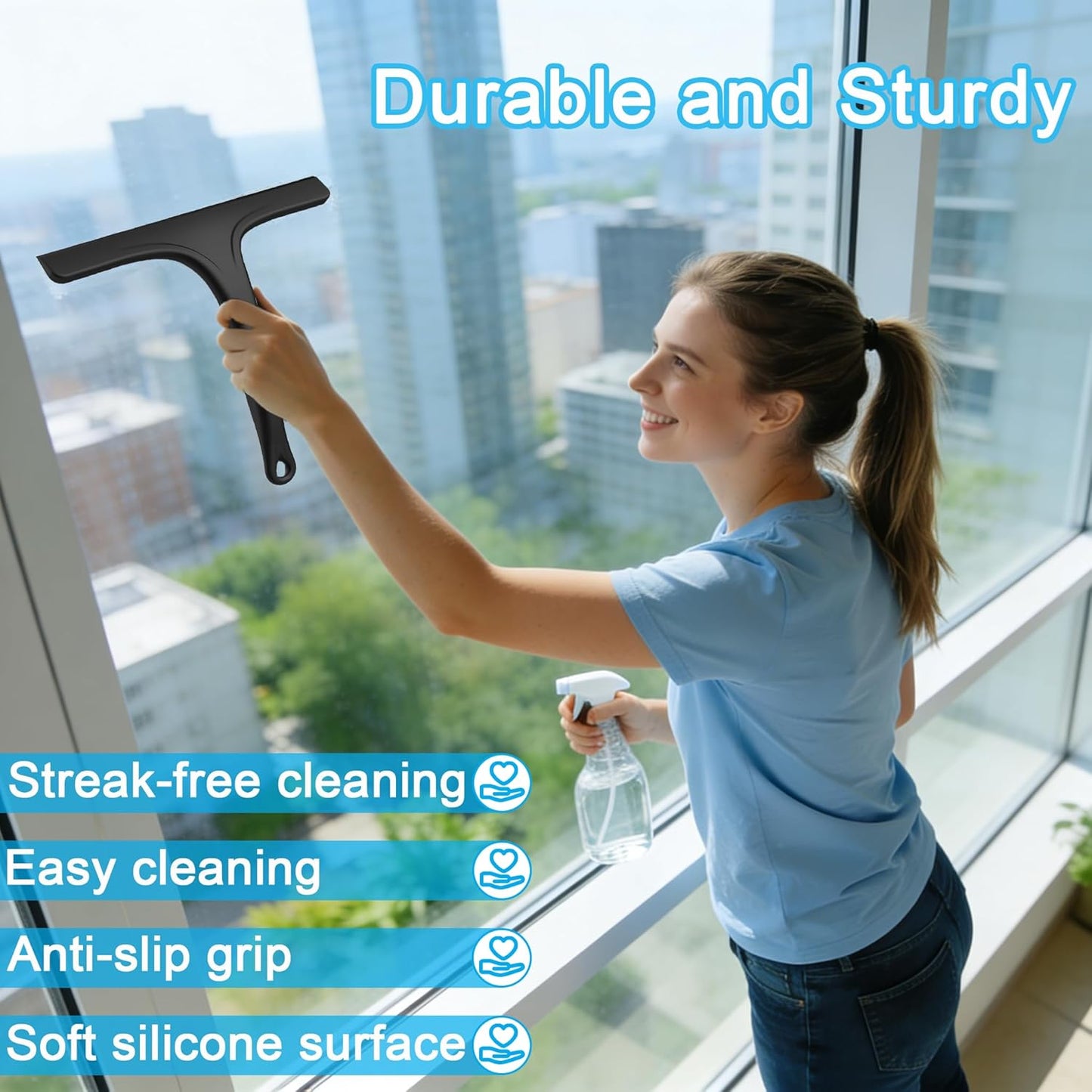 Silicone Shower Squeegee for Bathroom Glass Doors, with Hanging Hole for Easy Storage, Removes Water Spots from Windows, Mirrors, Tiles & Kitchen Surfaces-Black, 10 Inch
