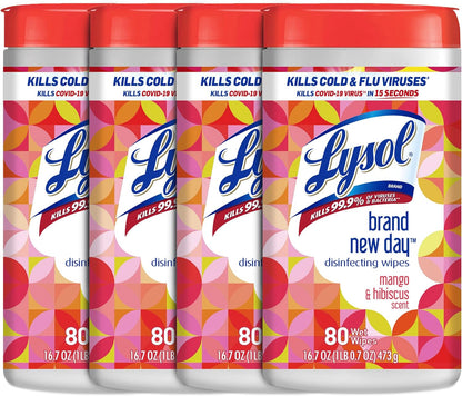 Lysol Disinfectant Wipes, Multi-Surface Disinfectant Cleaning Wipes, For Disinfecting and Cleaning, Mango & Hibiscus, 80 Count (Pack of 4)