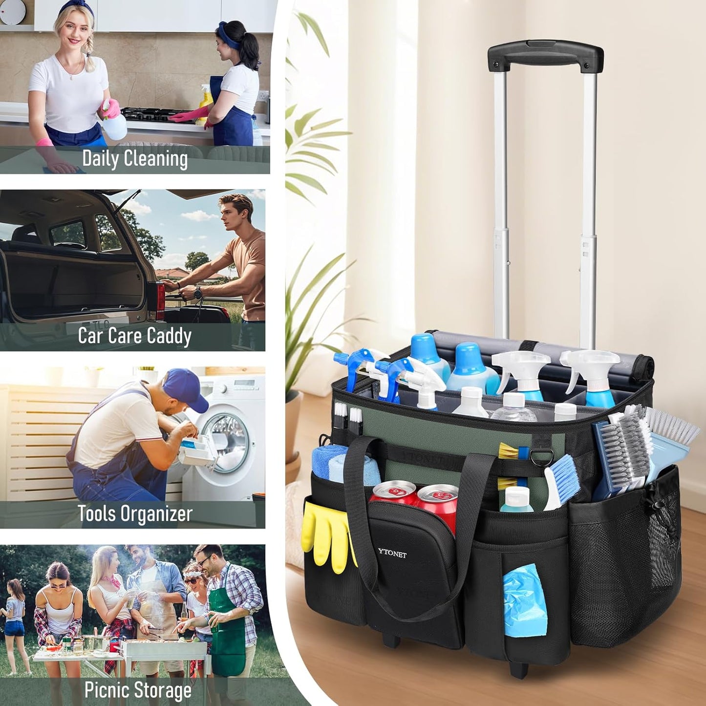 Ytonet Cleaning Caddy with Wheels, Extra Large Rolling Cleaning Caddy Bag with Detachable Trolley for Housekeepers, Water Resistant Cleaner Supplies Organizer with Wheels for Kitchen, Tool Organizer