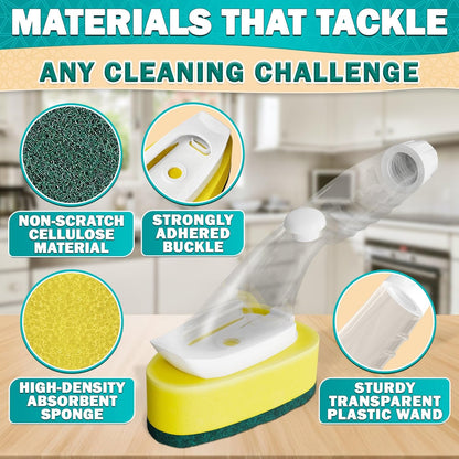Dish Wand with Soap Dispenser - Dish Sponge with Handle for Quick Dishwashing, High-Density Non-Scratch Cellulose Head, 7 Sponge Refills Included - Leak-Proof Design for Clean & Easy Soap Control