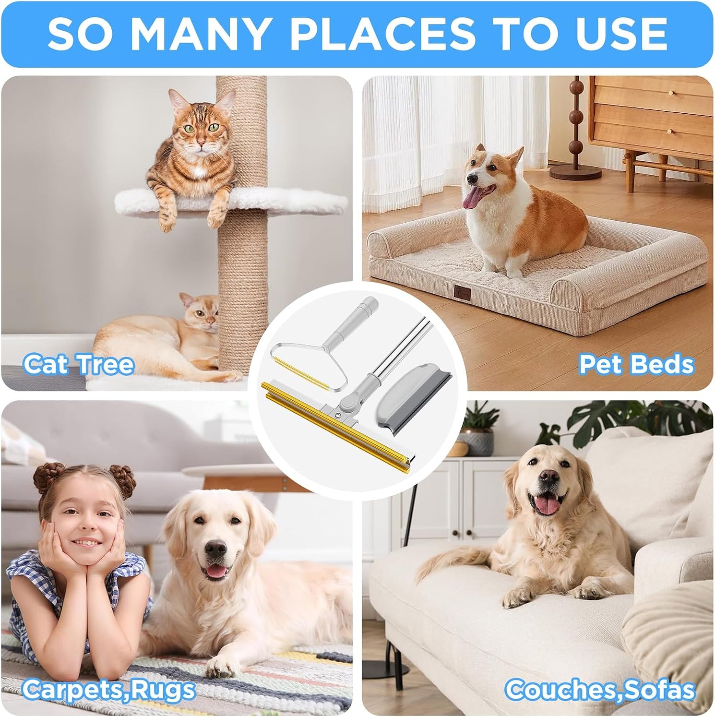 3 in 1 Carpet Rake for Pet Hair Removal, Tool Set of 3, 55” Long Handle Carpet Pet Hair Removal Carpet Scraper Dog Cat Hair Remover for Sofa, Couch, Car, Rug