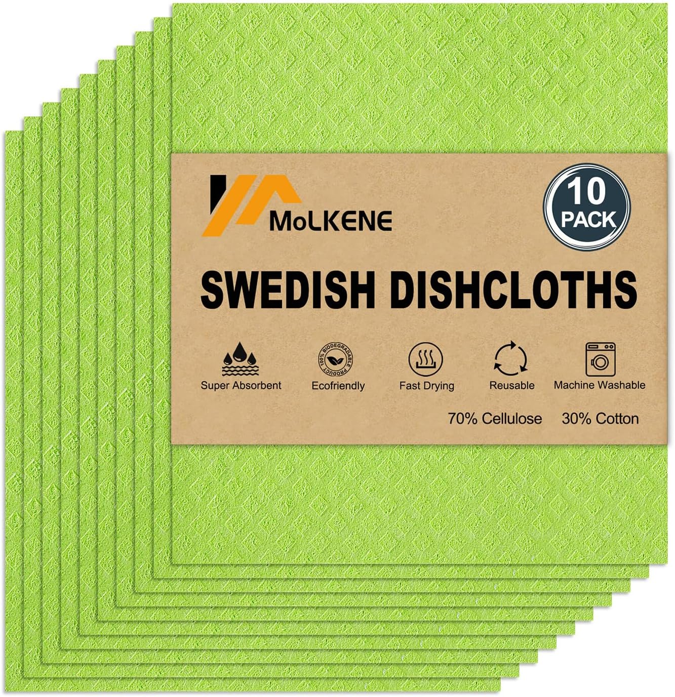 MoLKENE Swedish Dish Cloths - 10 Pack Reusable Kitchen Dishcloths - Ultra Absorbent Dish Towels for Washing Dishes - Cellulose Sponge Cloth Cleaning Rag - Assorted