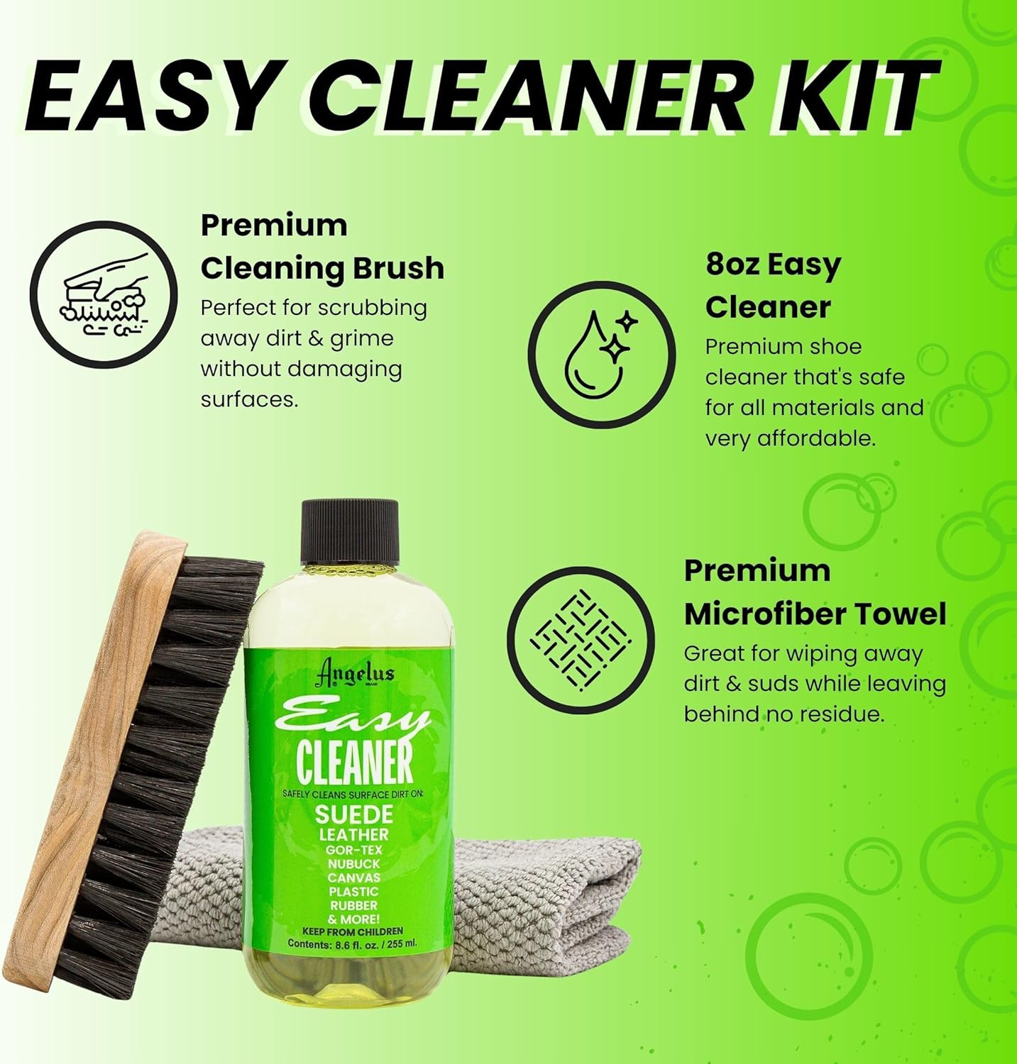 Angelus Shoe Cleaner Kit, 8.6 Oz, Brush, Towel - Professional Sneakers, Leather, Nubuck, Suede Shoe Cleaner Kit - Safe on All Fabrics, Gentle Yet Powerful Сleaning Formula - Made in USA