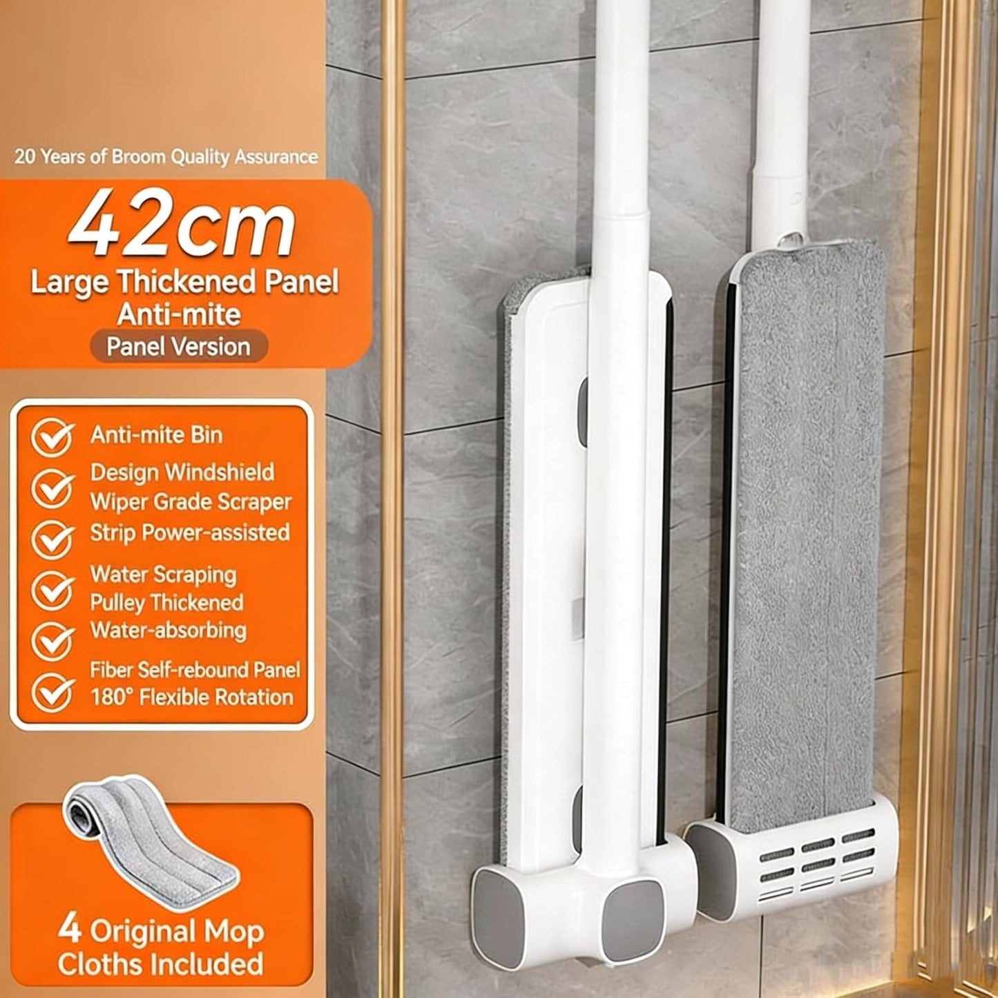 Hands Free Microfiber Mop with 4 Washable Pads, 61" Stainless Steel Handle, Efficient Flat Mop for All Hard Floors