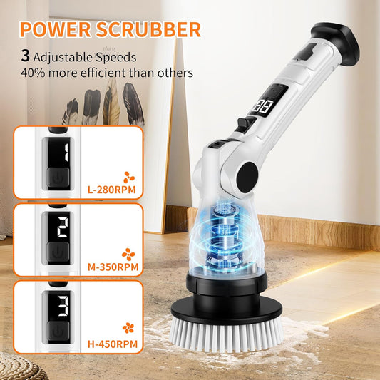 Electric Spin Scrubber with 8 Replaceable Brush Heads 6 Adjustable Angle Waterproof LED Display Cordless Cleaning Brush Supplies Bathroom Cleaner Set Long Handle Power Scrubber for Shower Floor Tub