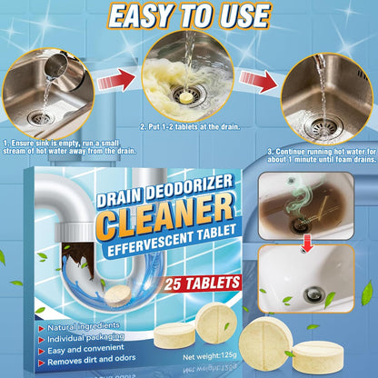 Drain Cleaner Tablets, 25 Pack Garbage Disposal Cleaner and Deodorizer, Effervescent Sink Drain Odor Remover for Kitchen Sink, Toilet and Septic Tank