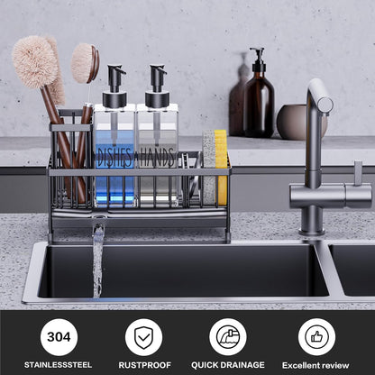 Cisily Kitchen Soap Dispenser Set with Sink Caddy, 12 Oz Glass Bottle, Hand and Dish Soap Dispenser Set with Sponge Holder, Black Stainless Steel Kitchen Countertop Sink Organizer Accessories
