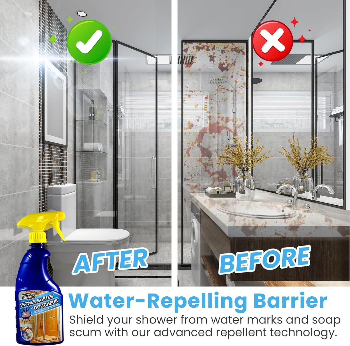 SURF PRO Shower Glass Door Cleaner – Shower Buster Spray for Soap Scum & Hard Water Stains – No Scrub Bathroom Cleaner for Glass, Tile, Chrome, Ceramic, RV and Septic Safe (500ml / 16.9oz)