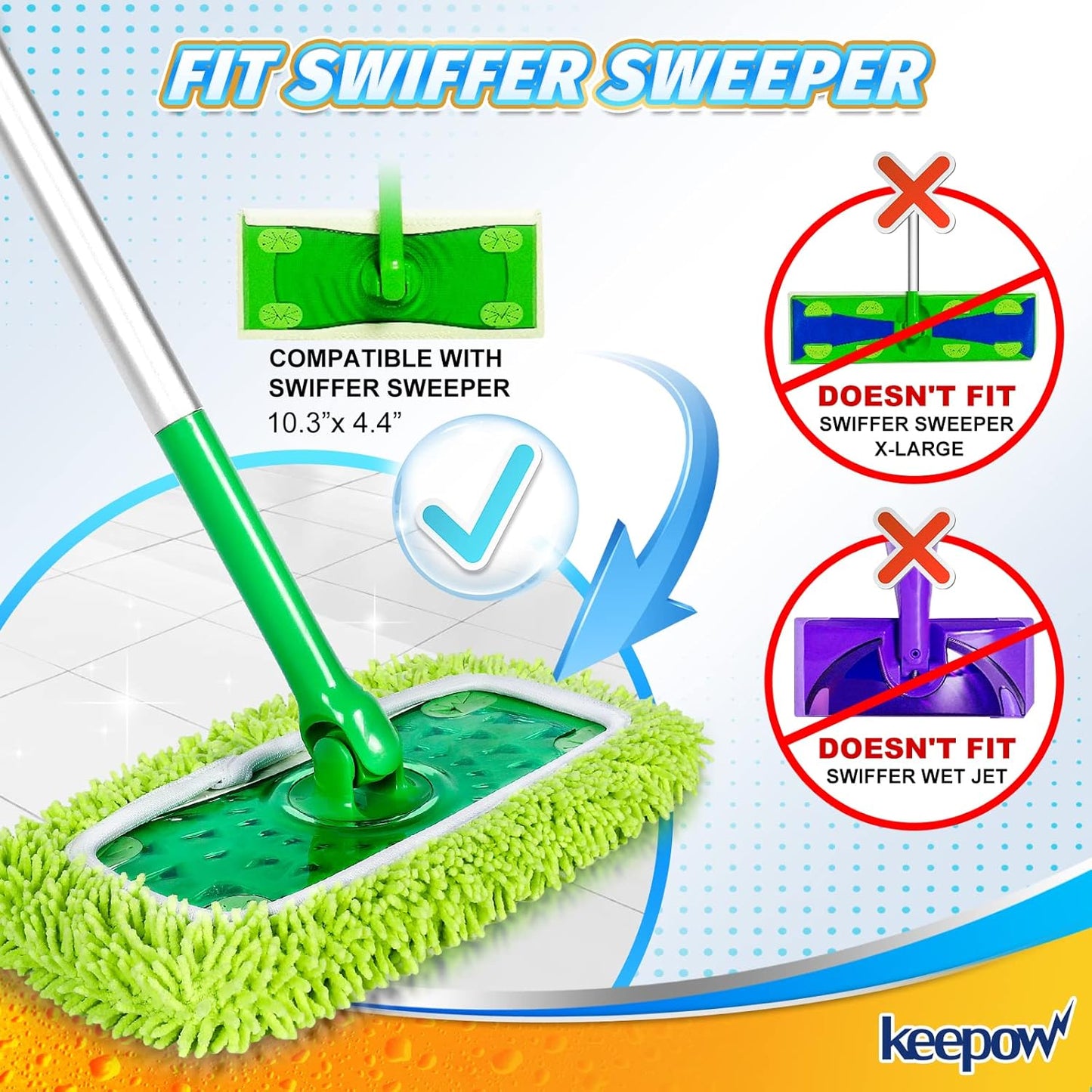 KEEPOW Reusable Microfiber Mop Pads Compatible with Swiffer Sweeper, Dry Sweeping Cloths, Washable Wet Mopping Cloth Refills for Hardwood Floor Cleaning, 6 Pack