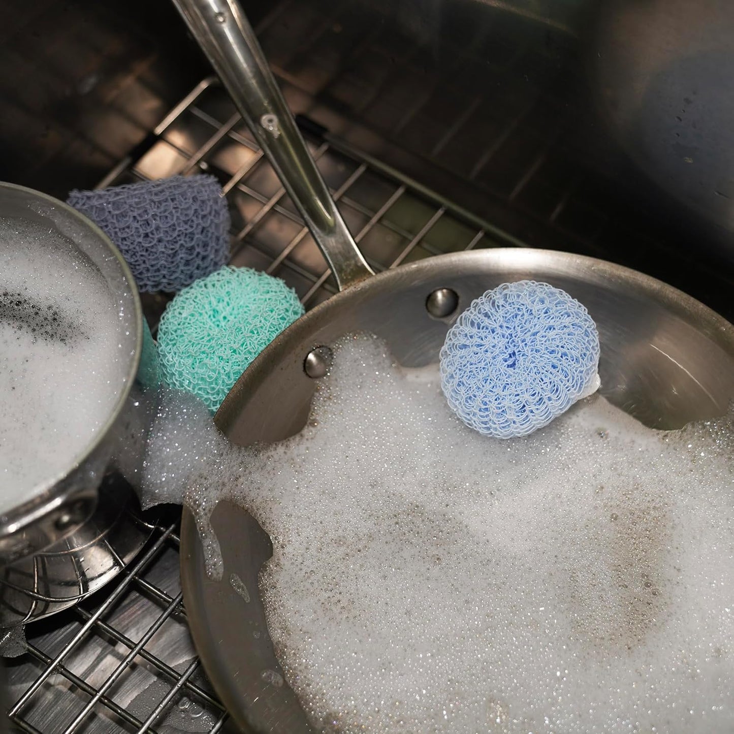 Fox Run Silicone Dish Scrubbers, Set of 6 Multi-Purpose Reusable Cleaning Brushes, Safe for Non-Stick, Blue, Cyan, and Light Purple