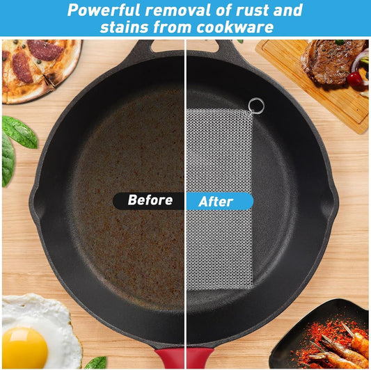 Cast Iron Cleaner and Chainmail Skillet Scrubber - 4''x4'' Upgraded 3.8mm Small Ring, 316L Stainless Steel Fine Rings - Durable Scraper for Skillets, Pans, Griddles & Containers