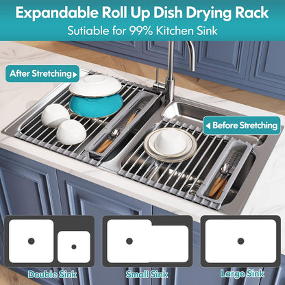 JASIWAY Dish Drying Rack in Sink, Expandable Stainless Steel Dish Drainers for Kitchen Counter, Dish Dryer Rack for Inside Sink, Over The Sink Dish Racks with Utensil Holder, Silver