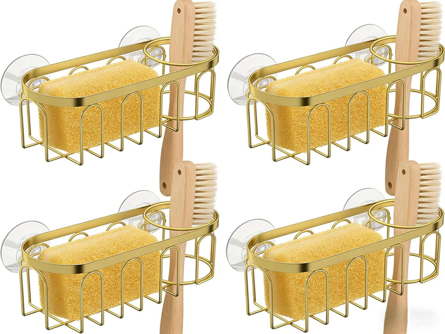 2Pcs Sponge Holder for Kitchen Sink, Gold Suction Cup Caddy, No-Drilling & Easy to Remove, 304 Stainless Steel, Heat-Resistant Sponge and Brush Holder, Bathroom Safe, Fit for Sponge/Soap/Dish Cloth