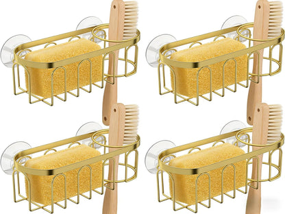 2Pcs Sponge Holder for Kitchen Sink, Gold Suction Cup Caddy, No-Drilling & Easy to Remove, 304 Stainless Steel, Heat-Resistant Sponge and Brush Holder, Bathroom Safe, Fit for Sponge/Soap/Dish Cloth