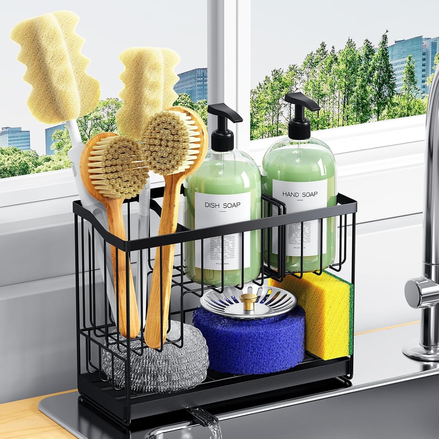 Kitchen Sink Caddy, 2-Tier Self-Draining Sponge & Dish Brush Holder, Rustproof 304 Stainless Steel Space-Saving Organizer with Drying Tray, Black