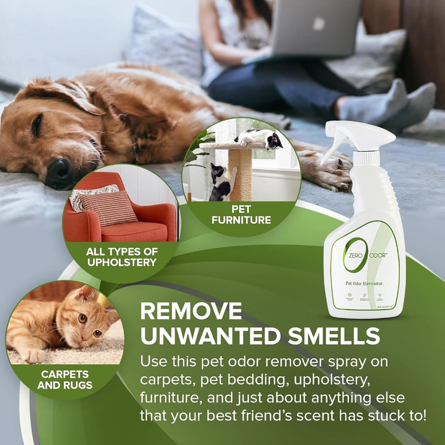 Zero Odor - Pet Odor Eliminator - Permanently Eliminate Air & Surface Odors – Patented Molecular Technology Best For Carpet, Furniture, Pet Beds - Smell Great Again (Over 400 Sprays Per Bottle)
