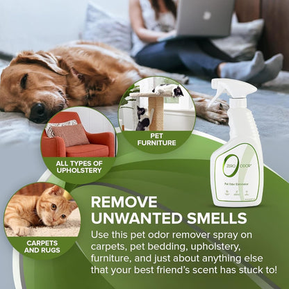 Zero Odor - Pet Odor Eliminator - Permanently Eliminate Air & Surface Odors – Patented Molecular Technology Best For Carpet, Furniture, Pet Beds - Smell Great Again (Over 400 Sprays Per Bottle)