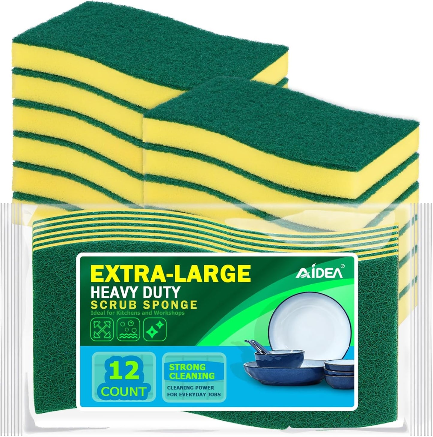 AIDEA Sponges Kitchen, 24 Pack Heavy Duty Dish Sponge, Cleaning Dish Scrubber Sponge for Home and Kitchen, Stink-Free Cleaning Supplies for Pots, Pans