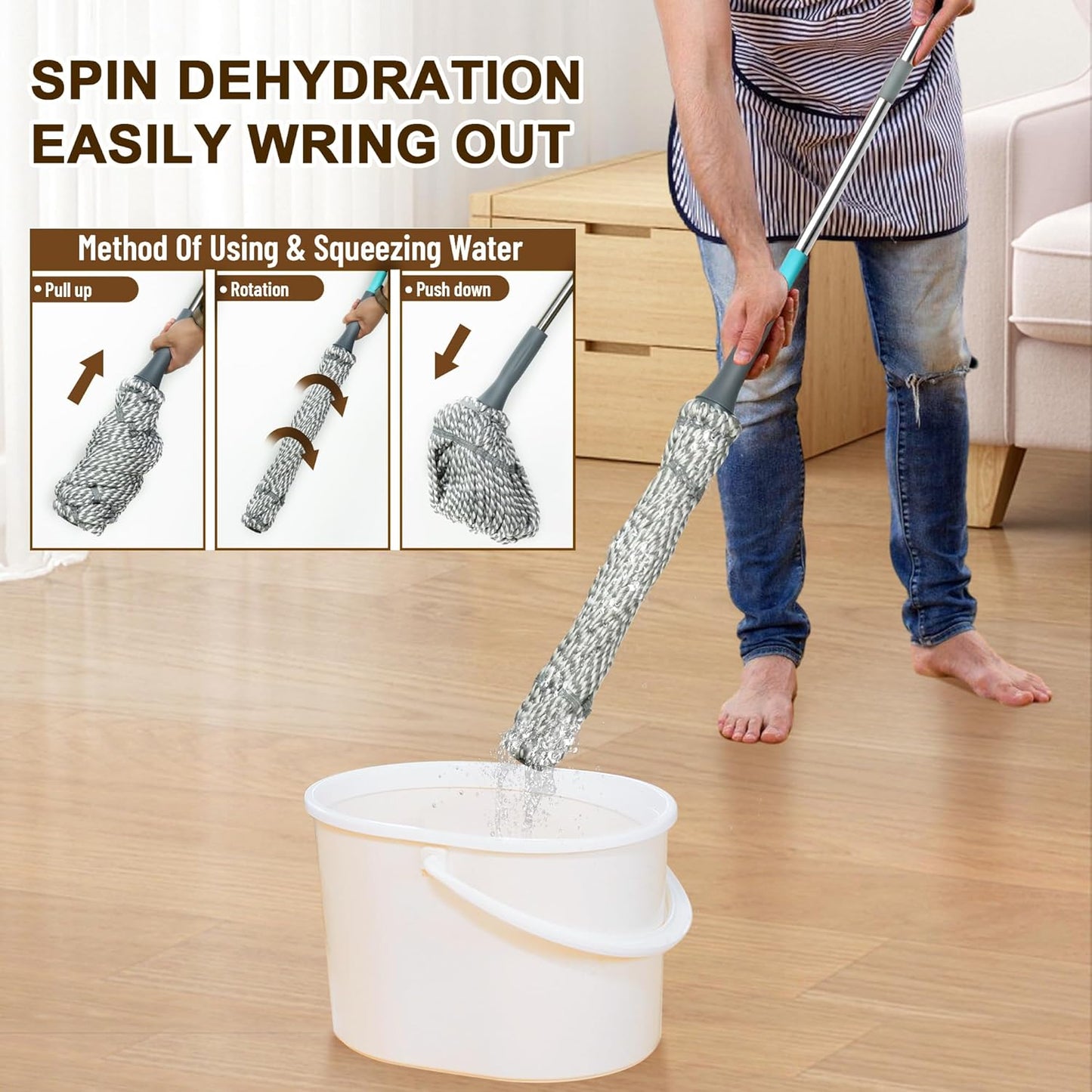 Self Wringing Floor Cleaner with 52.5 Inch Long Handle, Heavy Duty Wet Mop for Hardwood, Tile, Vinyl, Laminate Floors (White)