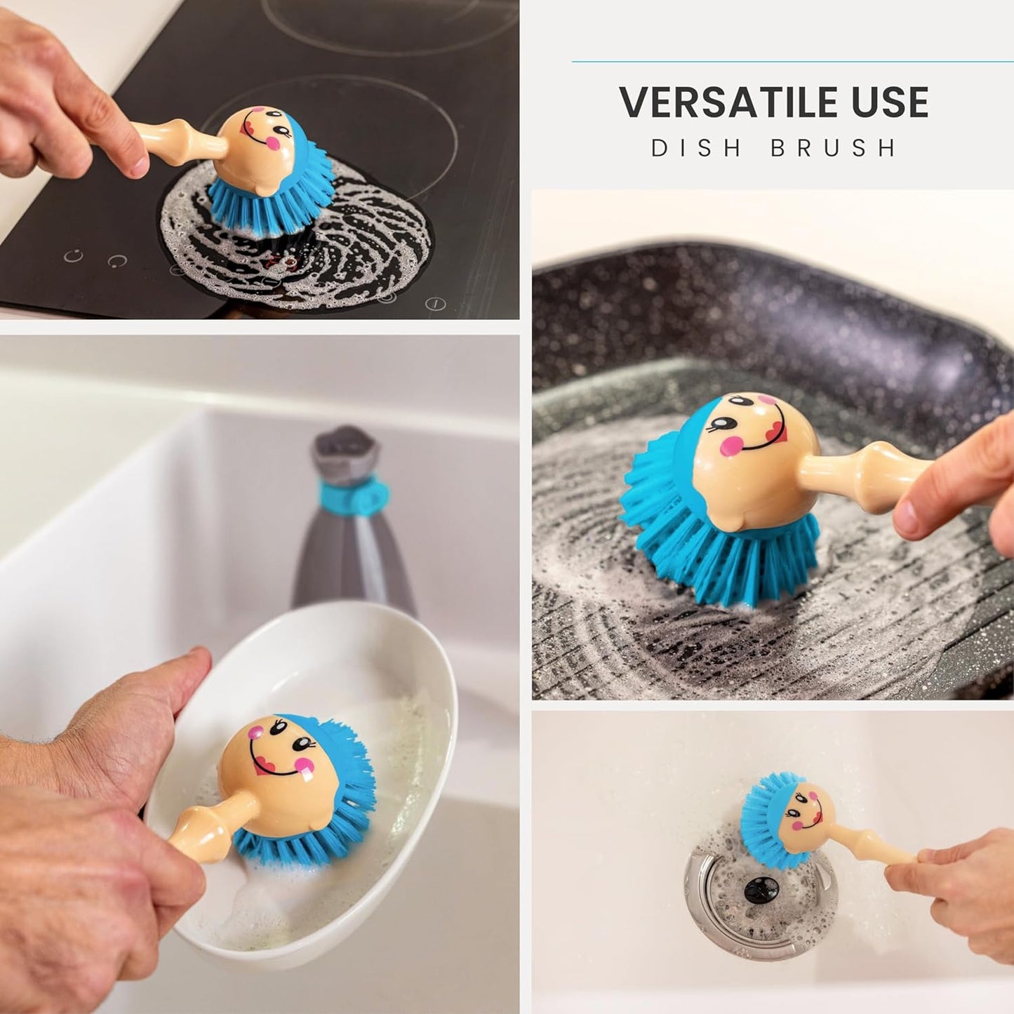 Vigar Dolls Dish Brush with Ergonomic Handle and Dres-shaped Storage Holder - Scrub Brush for Pans, Pots, Kitchen Sink Cleaning, Blue/Pink