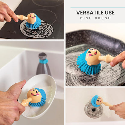 Vigar Dolls Dish Brush with Ergonomic Handle and Dres-shaped Storage Holder - Scrub Brush for Pans, Pots, Kitchen Sink Cleaning, Blue/Pink