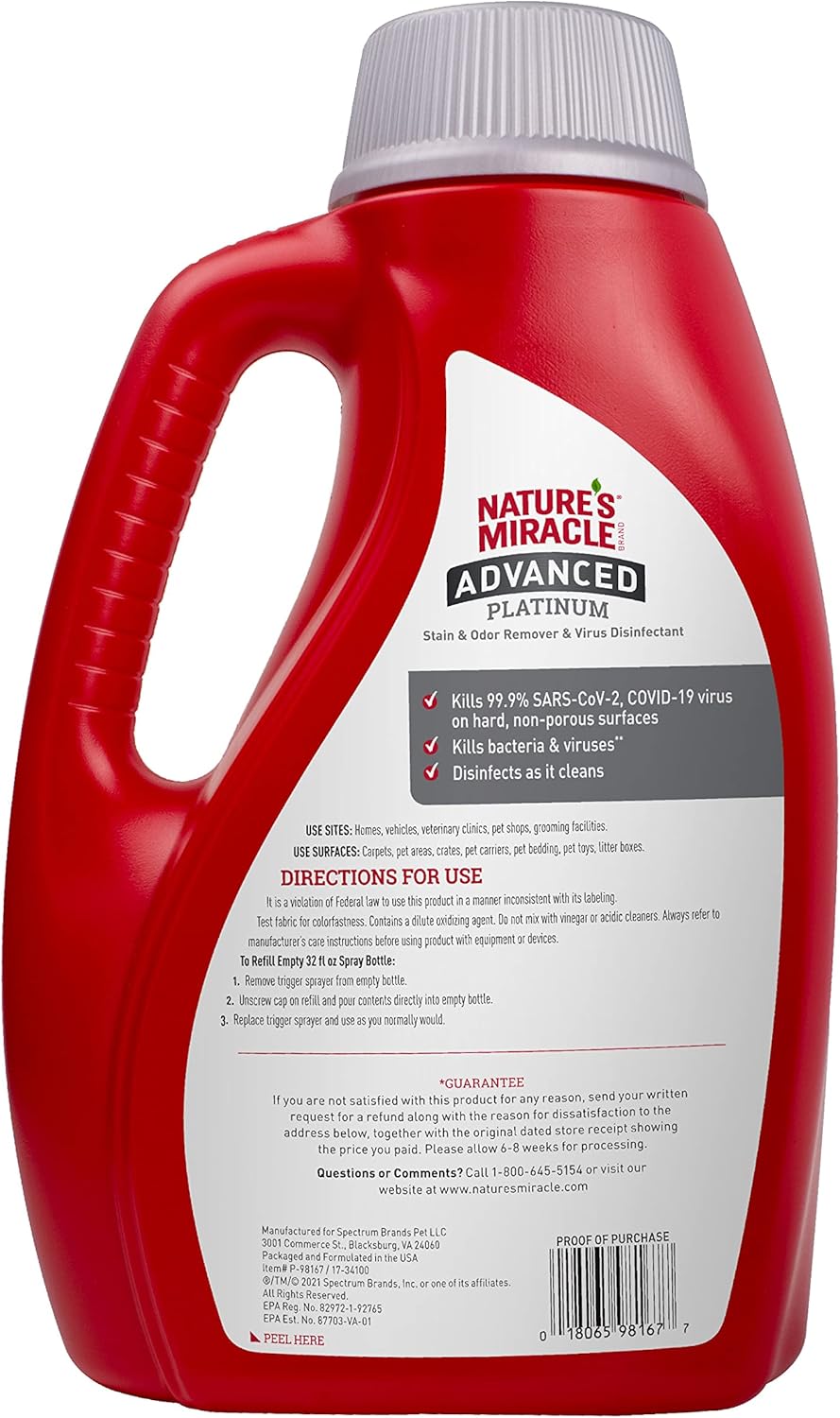 Nature’s Miracle Advanced Platinum Stain and Odor Remover and Virus Disinfectant, 32 Ounces, Disinfects and Cleans