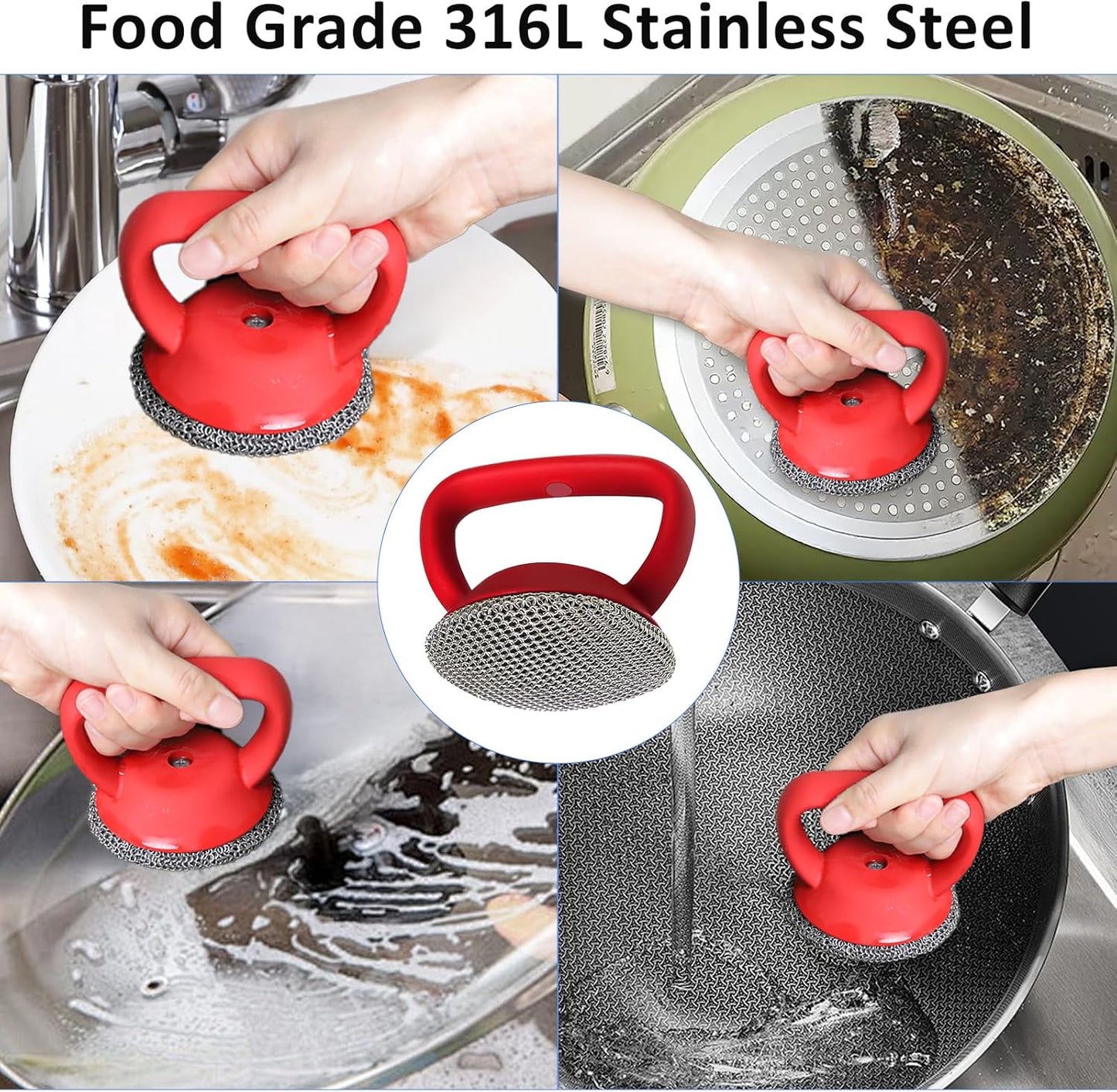 Cast Iron Scrubber with Handle 316L Stainless Steel Chainmail Scrubber for Cast Iron Pan Skillet Cleaner,Skillets and Grills (Red)