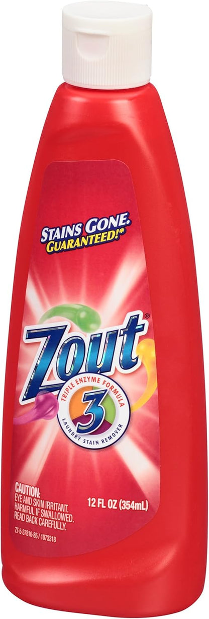 Zout Laundry Stain Remover, Triple Enzyme Formula for Blood, Tomato Sauce, & Oil Stains, Made in USA, 12 Ounce Squeeze Bottle with Flip Top Cap