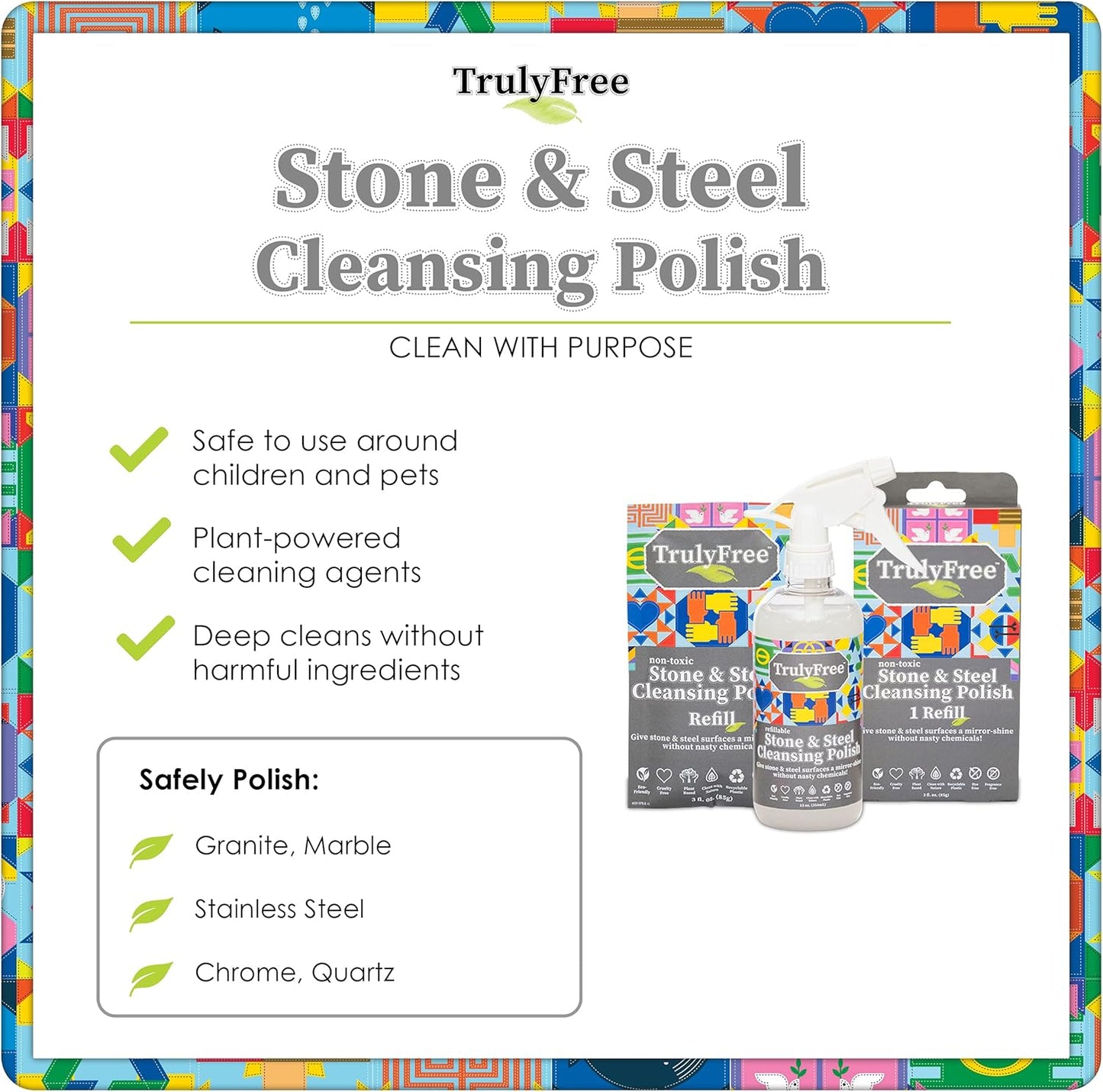 Truly Free Stone & Steel Cleansing Polish Starter Kit - Quartz, Marble, Granite, Stone Countertop, Oven, Stainless Steel Cleaner - 12oz Empty Bottle, 1 Concentrated Fill (3oz)-No Harmful Ingredients