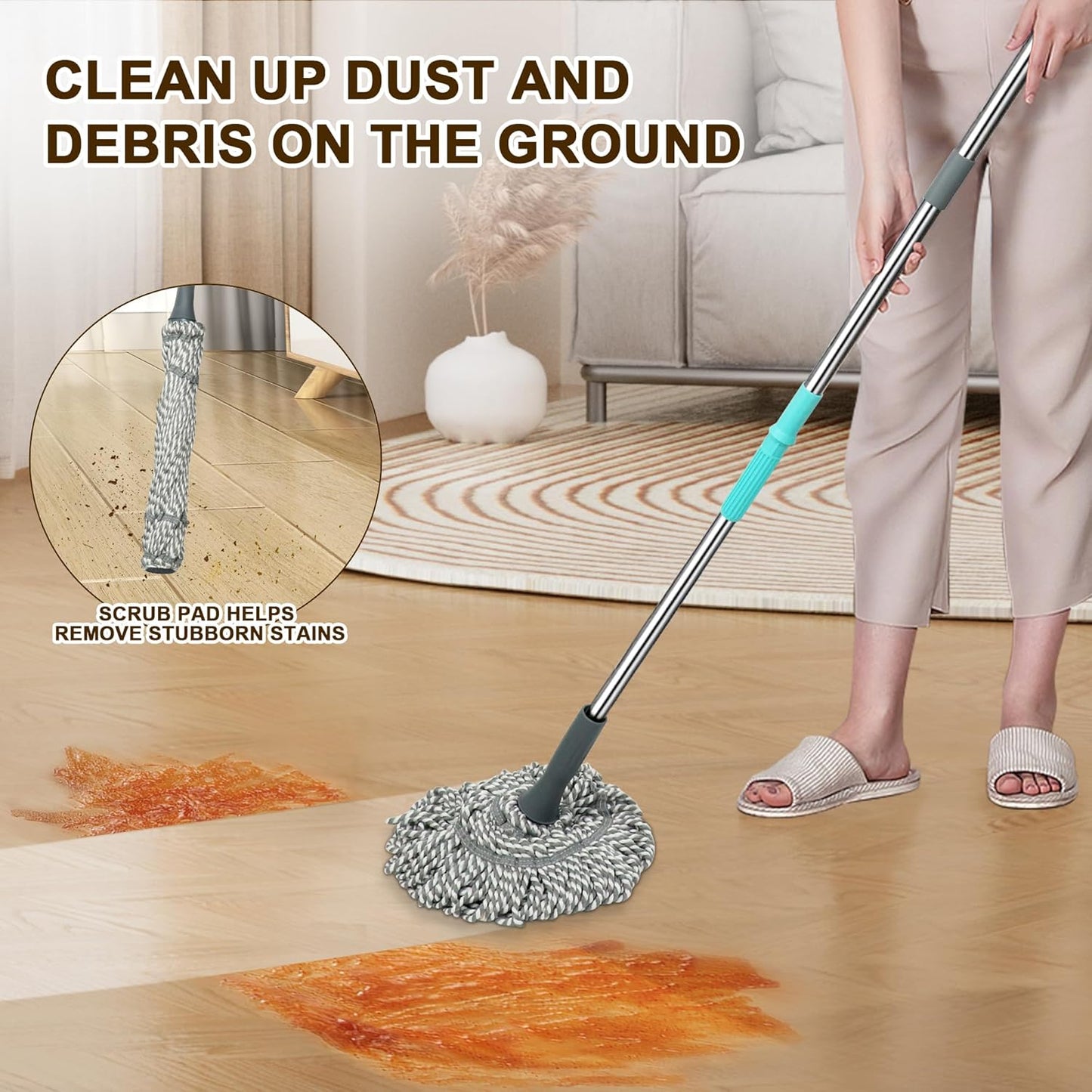 Self Wringing Floor Cleaner with 52.5 Inch Long Handle, Heavy Duty Wet Mop for Hardwood, Tile, Vinyl, Laminate Floors (White)