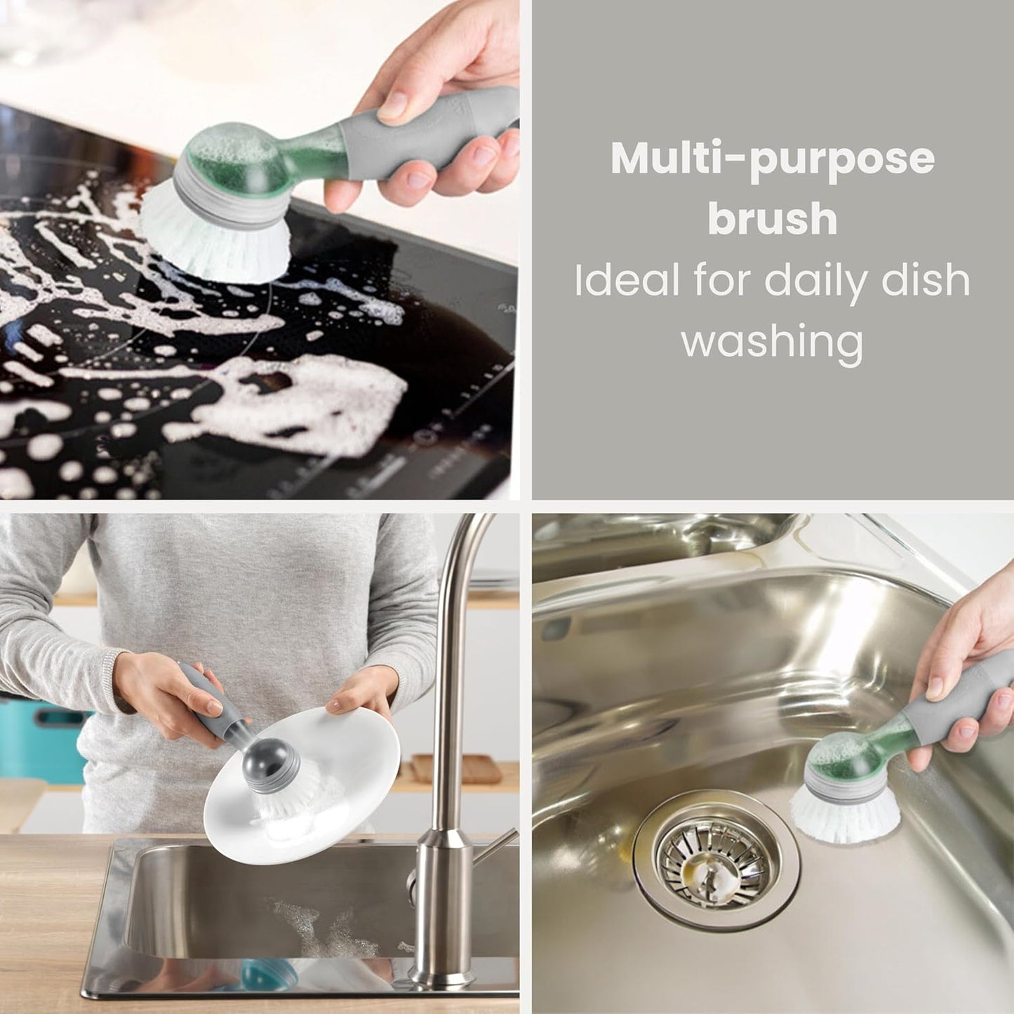 Vigar Rengo Soap Dispensing Dish Brush, Dish Brush with Soap Dispenser for Pot Scrubber, Dishes, Sink Cleaner, and Kitchen Essentials, Black
