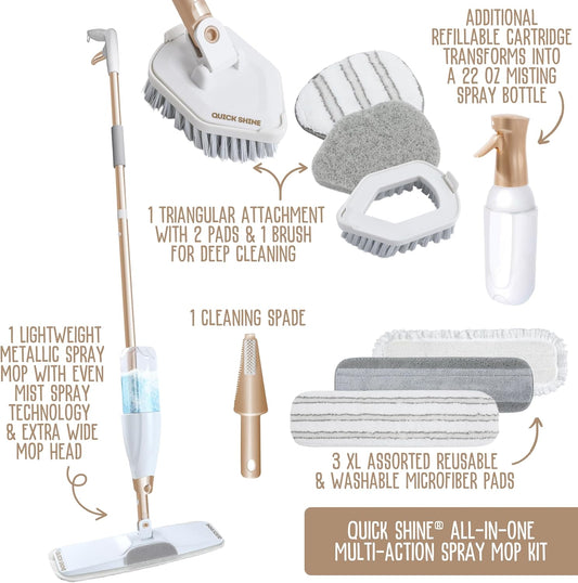 Quick Shine Ultimate Gold Spray Mop Kit | All-in-One 11 Pc Kit w/ Interchangeable Attachments | Floor Cleaner Included | No Batteries Needed | Pro Cleaning System for All Floor Types | 2-in-1 Mop