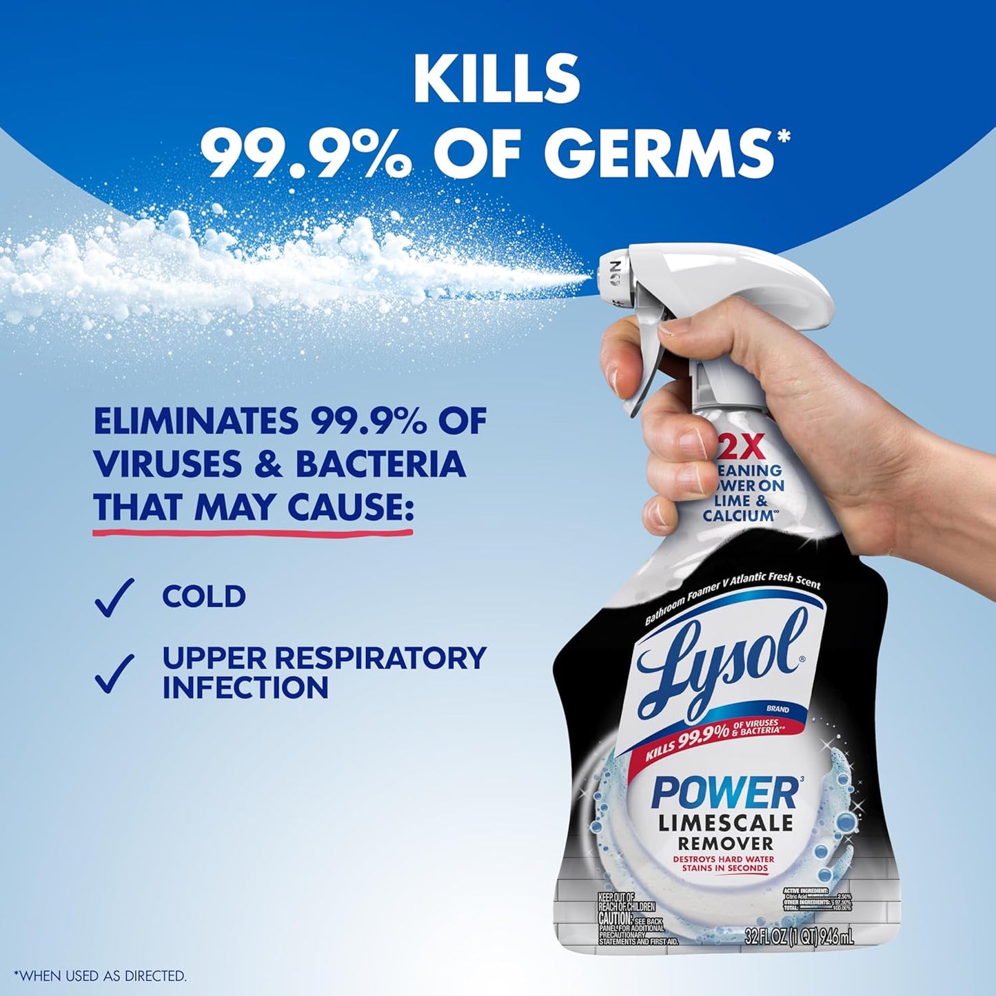 Lysol Power Foaming Bathroom Cleaner, Multipurpose Cleaner for Showers, Bathtubs, Sinks, Disinfectant Spray Kills 99.9% of Germs, Zero Bleach Cleaning Spray, 32 Oz.