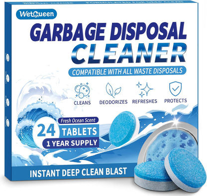 Garbage Disposal Cleaner and Deodorizer Tablets - 24 Pack (1 Year Supply), Powerful XL Foaming Odor Eliminator, Fresh Ocean Scent Sink & Garburator Freshener, Septic Safe Kitchen Drain Cleaning Care
