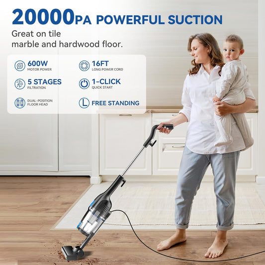 Vazone R6X Corded Stick Vacuum Cleaners for Home, 20Kpa Powerful Suction Stick Vacuum with 16Ft Cord, 2 in 1 Lightweight Vacuum Cleaner for Hardwood Floor Pet Hair