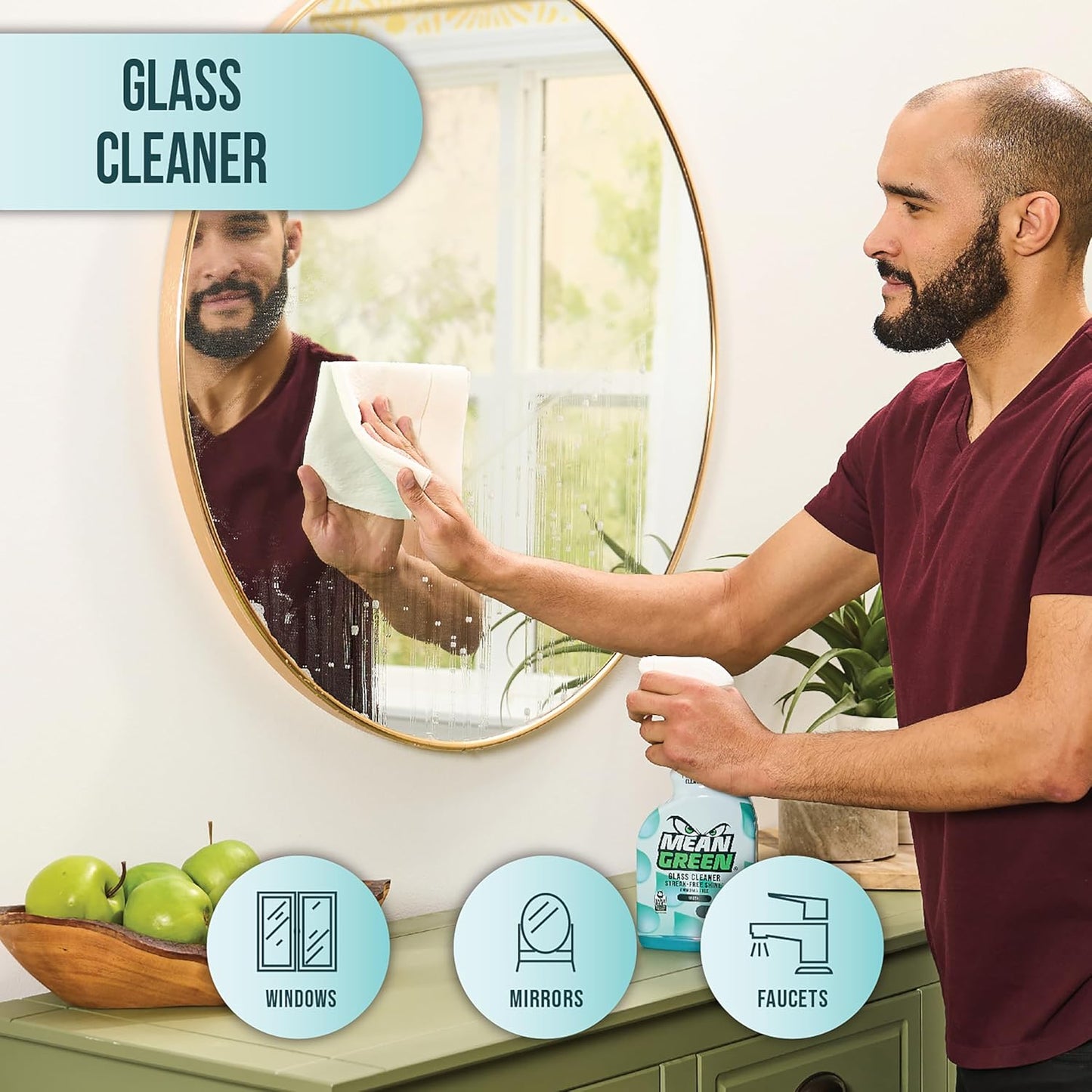 Mean Green Glass Cleaner Spray, Fresh Scent, 24 oz – Streak-Free Shine, Ammonia-Free, Windows, Mirrors, Glass & Chrome Surfaces