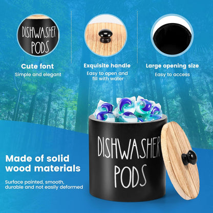 Round Dishwasher Pods Container, Wood Dishwasher Pod Holder with Lid for Kitchen Decor, Laundry Pod Container for Laundry Detergent Storage (Black)