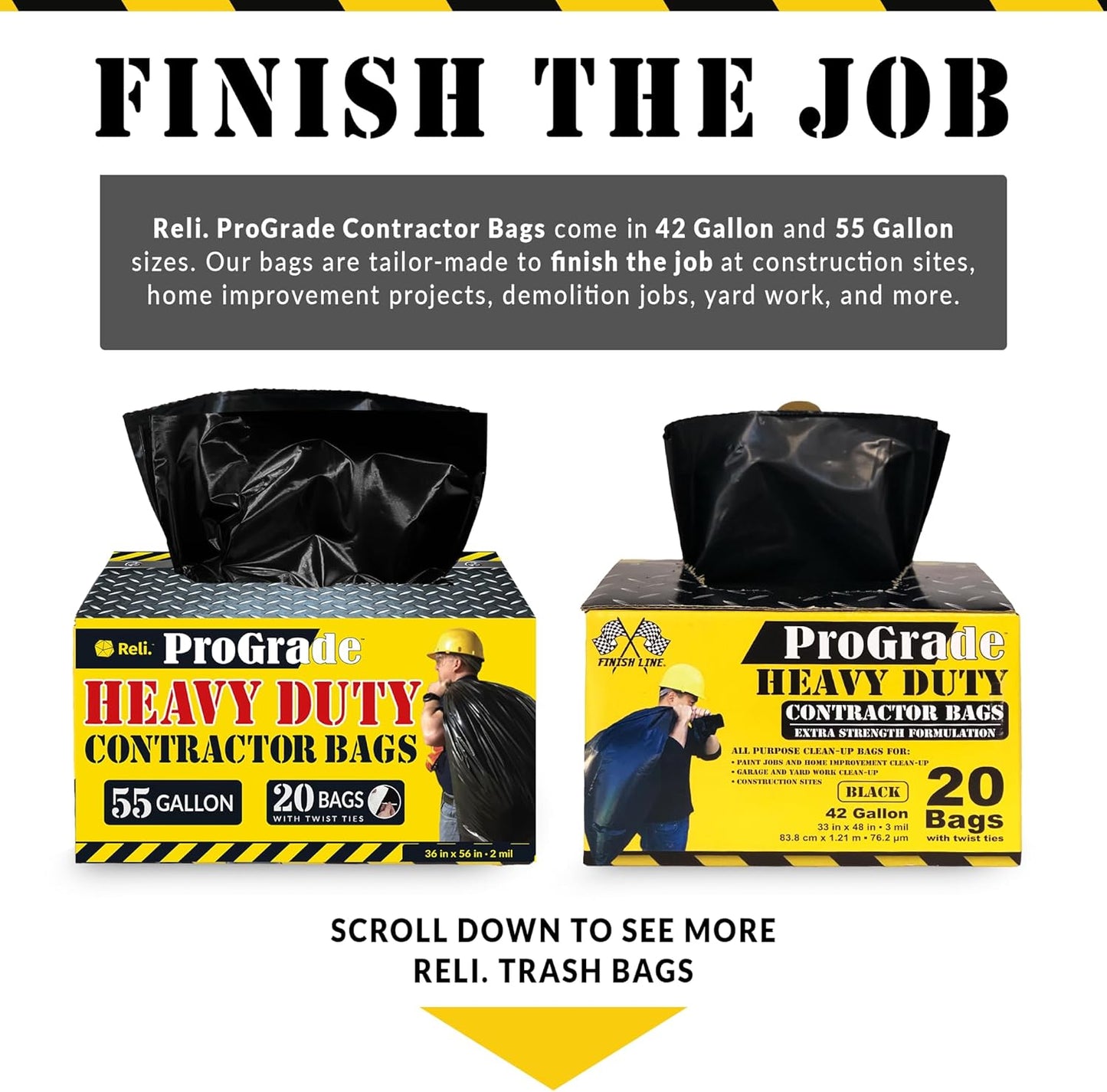 Reli. Contractor Garbage Bags 55 Gallon | 40 Trash Bags | Heavy Duty | Black Contractor